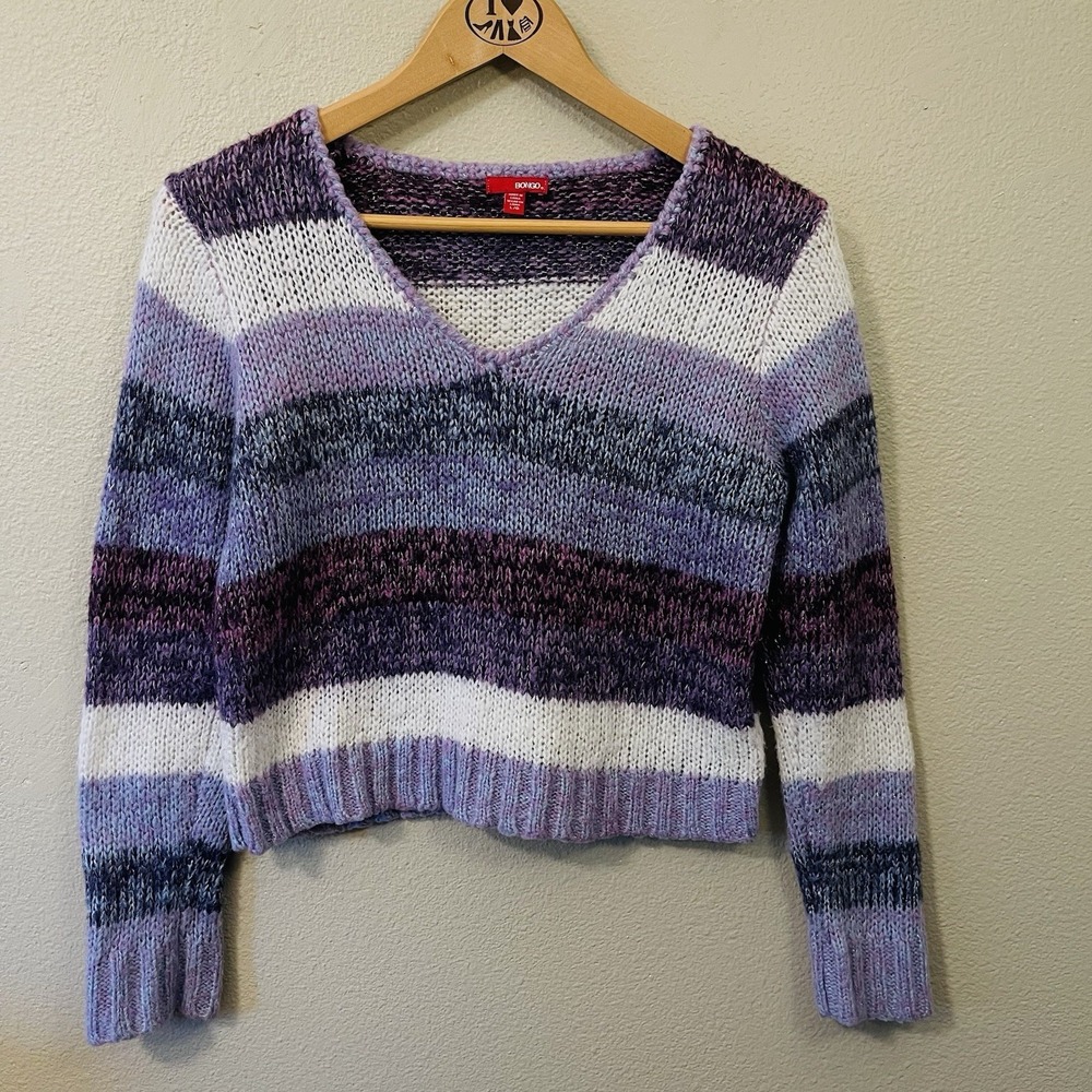 Bongo Cropped Y2K Sweater Chunky Stripes Purple Size L